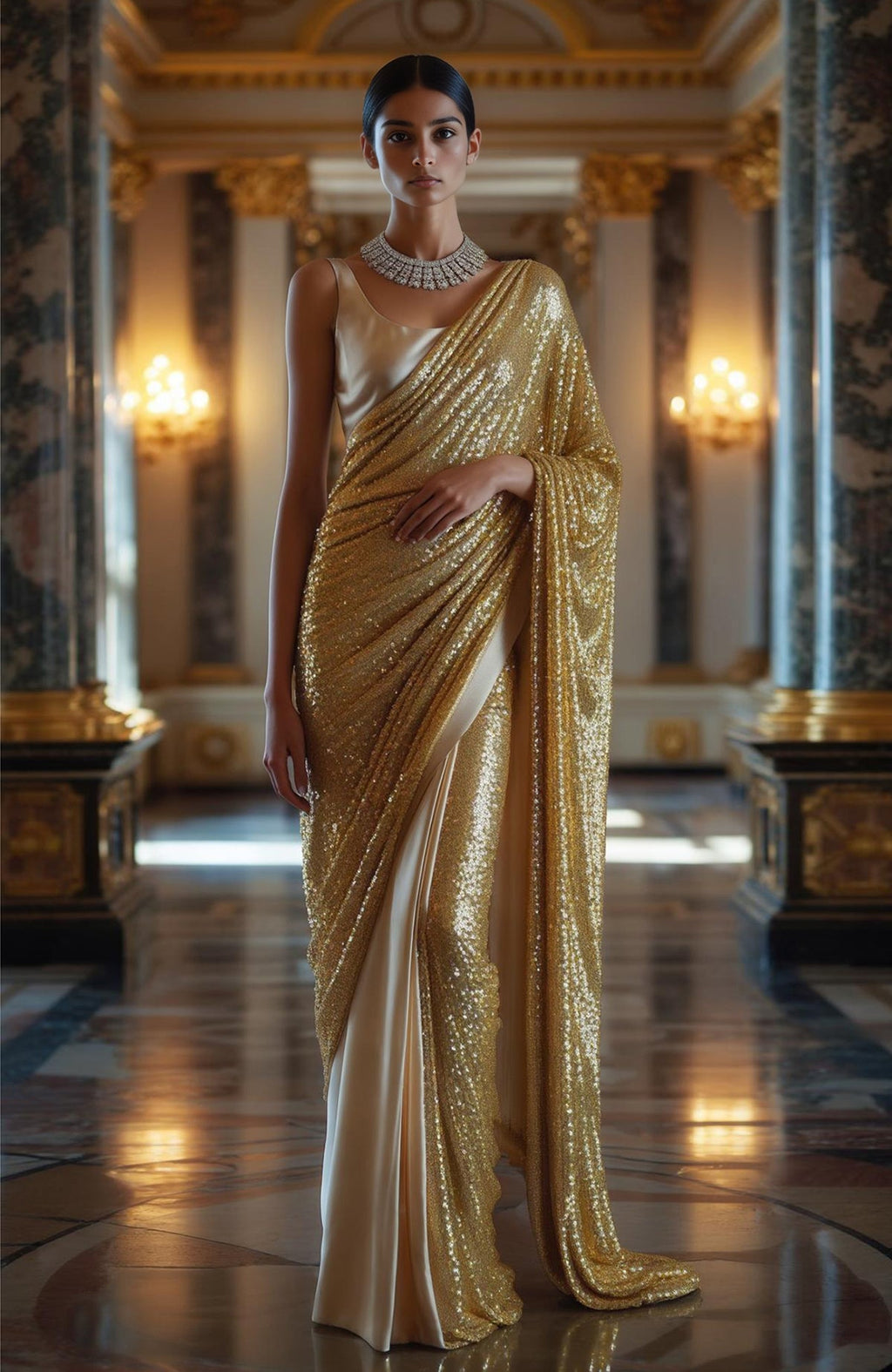 Golden saree fully covered in gold sequins with satin pleats and a sleeveless blouse.