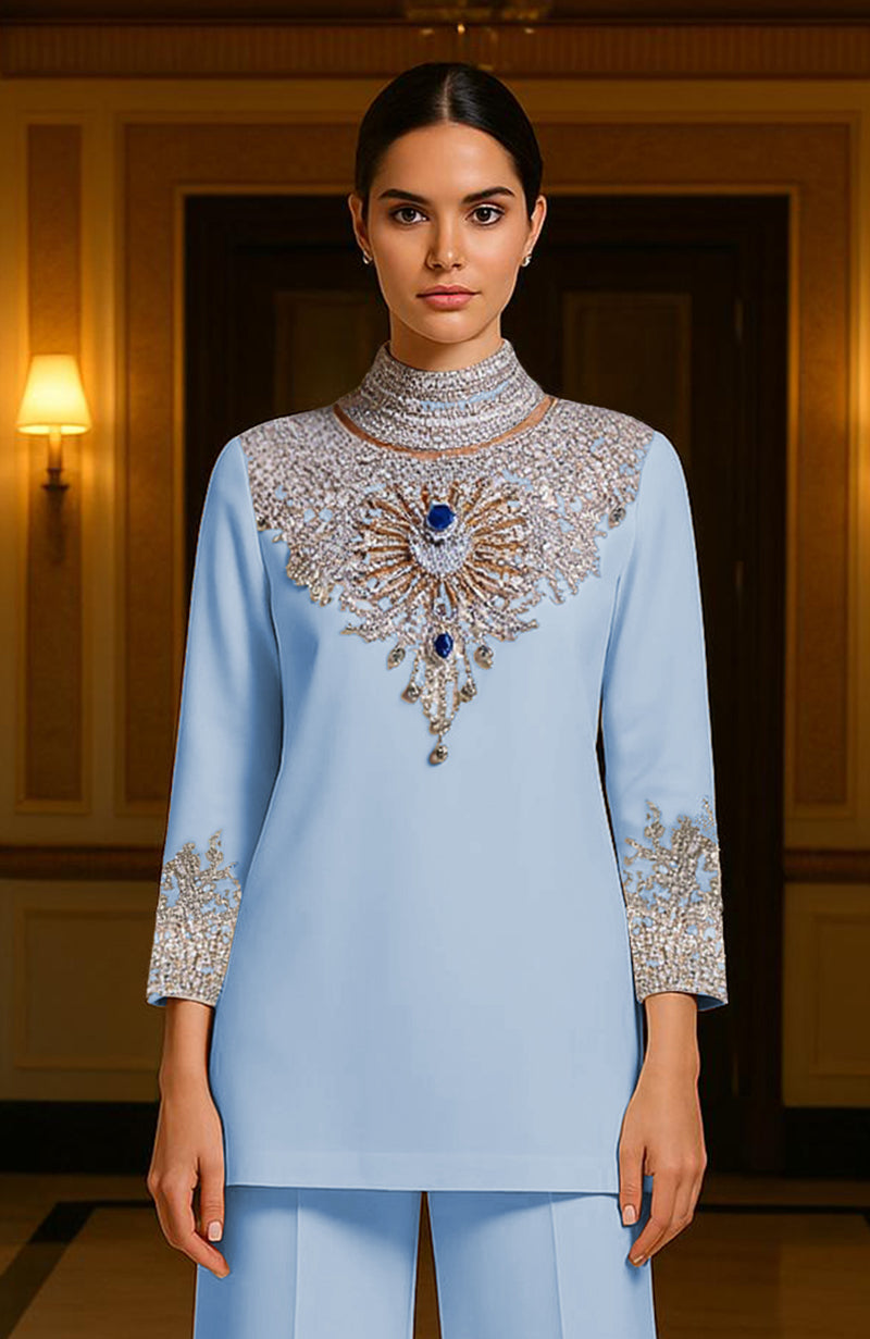 Cerulean blue two-piece formal outfit with silver, gold, and sapphire crystal embroidery details