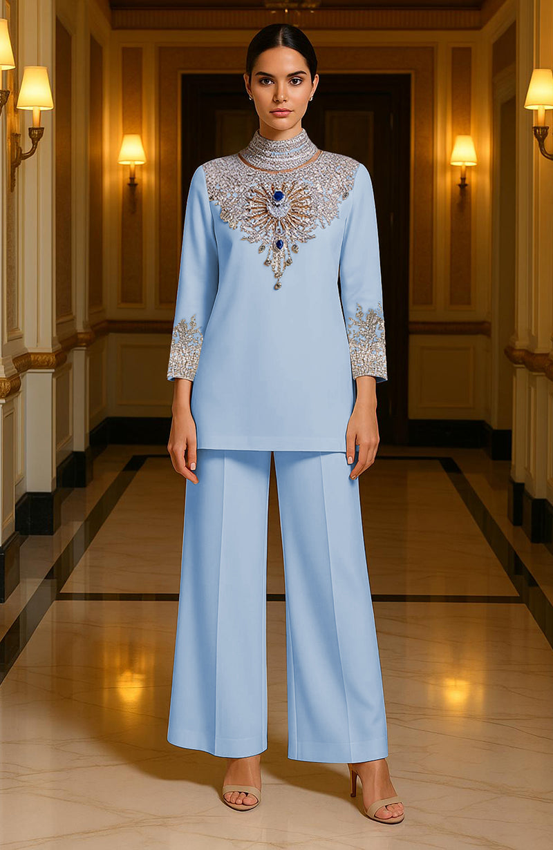 Cerulean blue two-piece with crystal and silver-gold embroidered tunic and wide-legged pants.