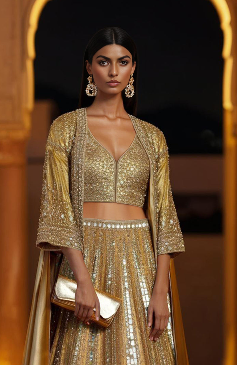 Gold lehenga with mirror, sequin, and zardozi embroidery paired with a satin cape.