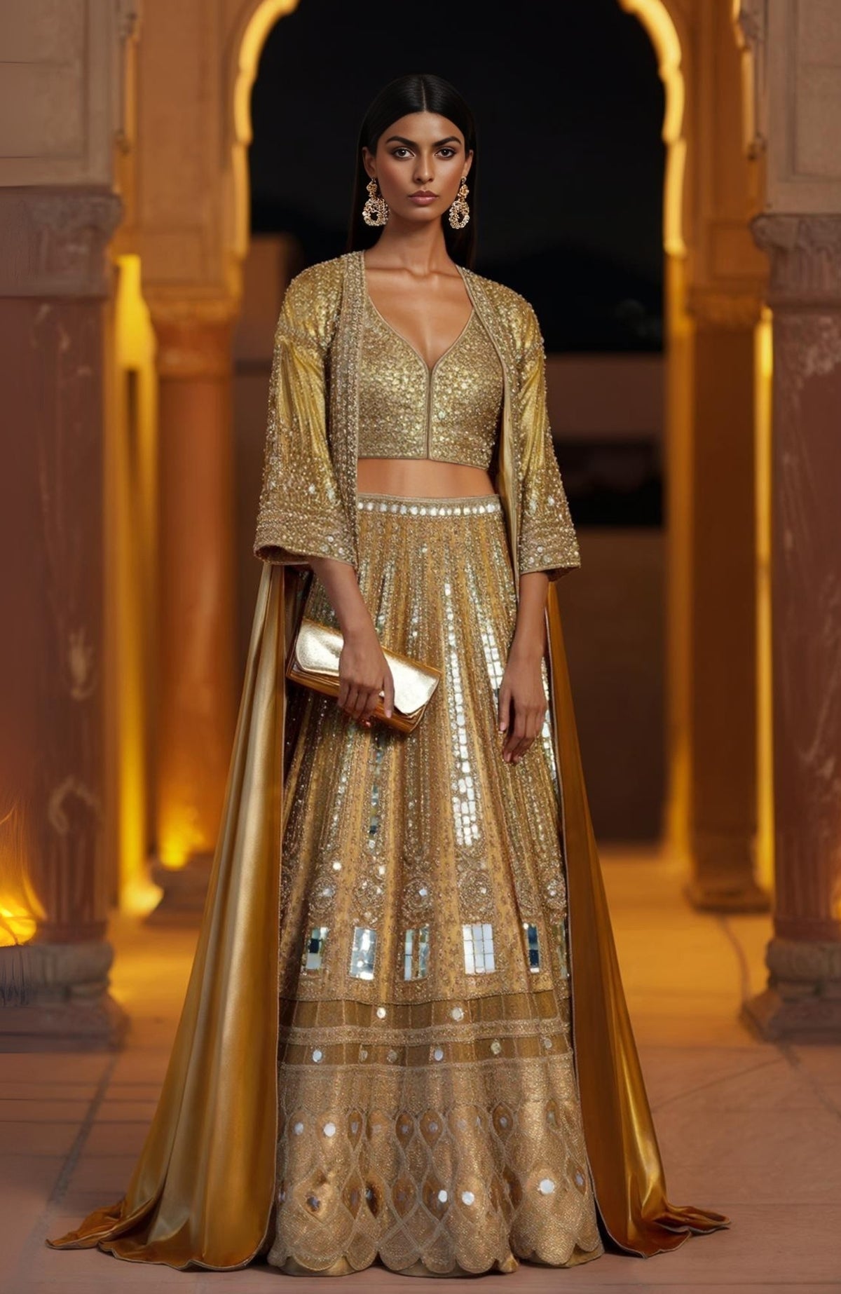 Gold lehenga with mirror, sequin, and zardozi embroidery paired with a satin cape.