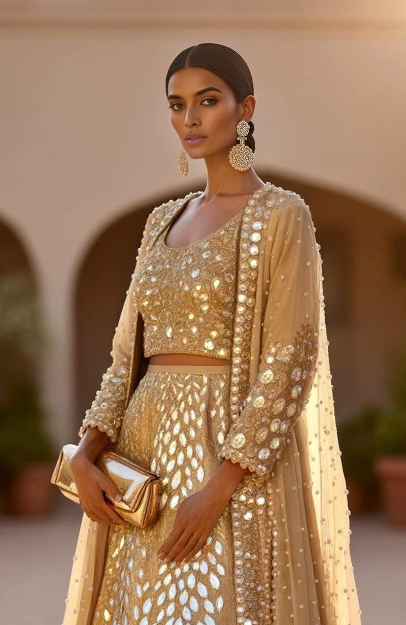 Golden lehenga set with hand-embroidered mirrors and sequins, paired with pearl-embellished sheer cape