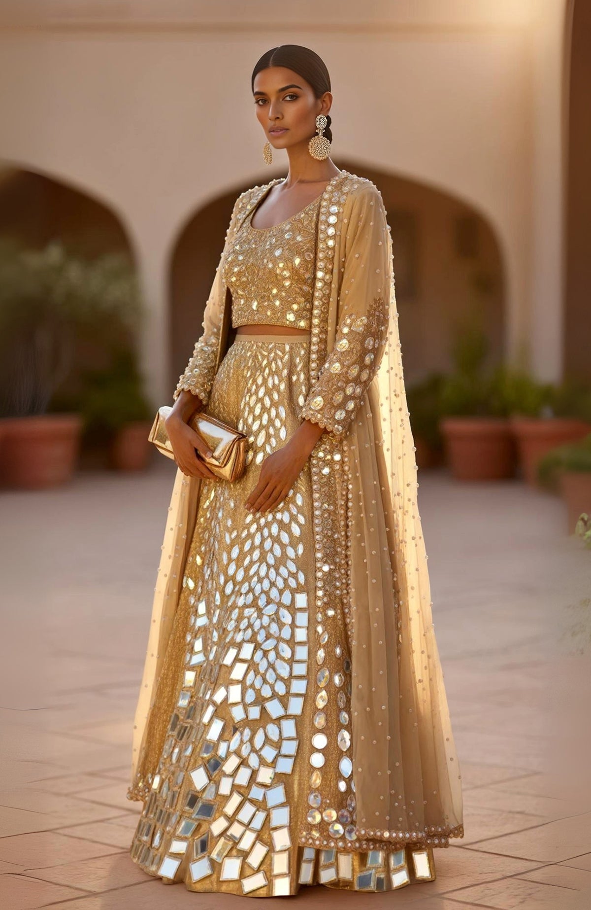 Golden lehenga set with hand-embroidered mirrors and sequins, paired with a pearl-embellished sheer cape