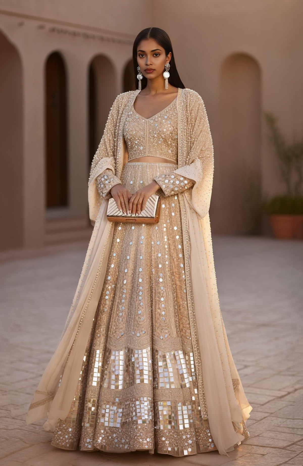 Champagne lehenga set with hand-embroidered mirrors, sequins, pearls, and sheer cape jacket.