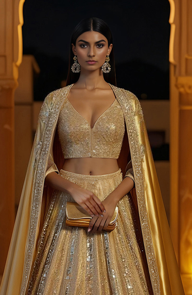 Gold metallic lehenga set with mirror embroidery, V-neck corset blouse, and satin cape with pearl trim