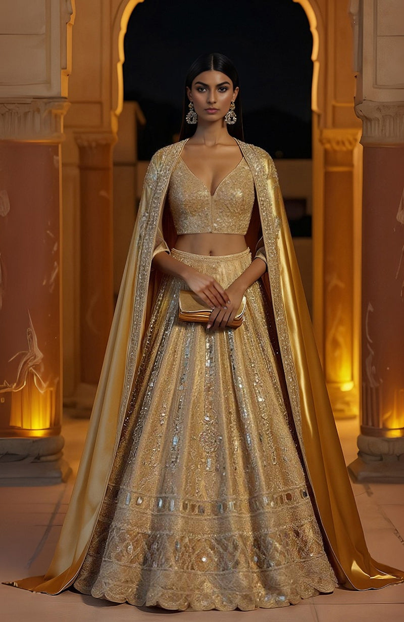 Gold metallic lehenga set with mirror embroidery, sculpted V-neck blouse, and floor-length cape.
