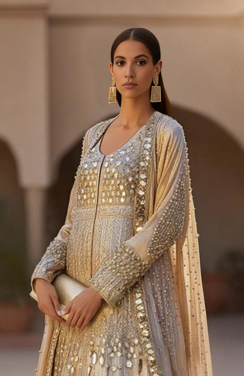 Ivory gown with attached lehenga and mirror-embroidered gold cape from Jalwa by Talking Threads