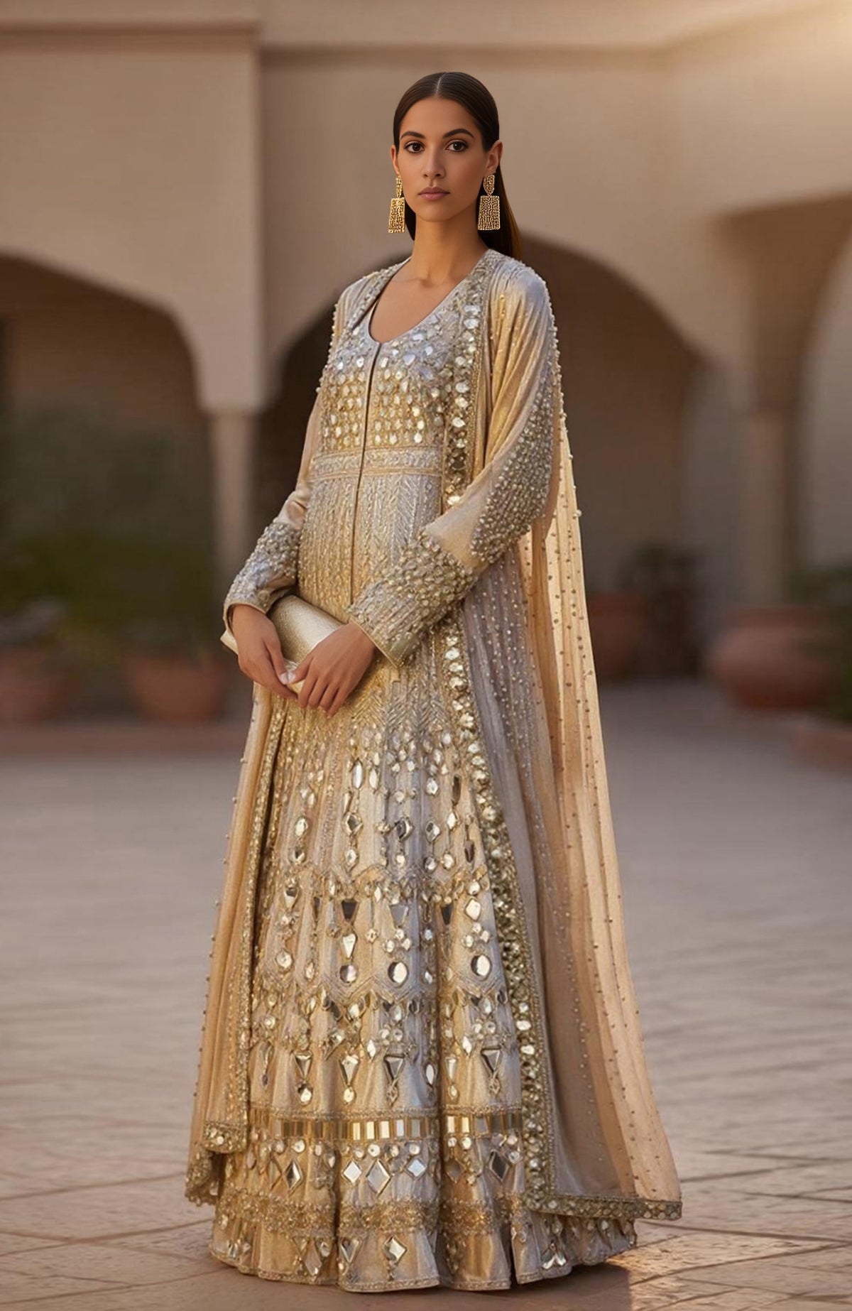 Ivory gown with attached mirror-embroidered gold cape and fitted bodice from Jalwa collection