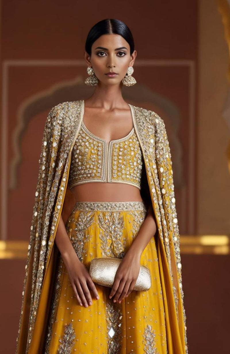 Amber lehenga with mirrorwork and sequins, paired with a full-length mirror cape and sleeveless blouse.