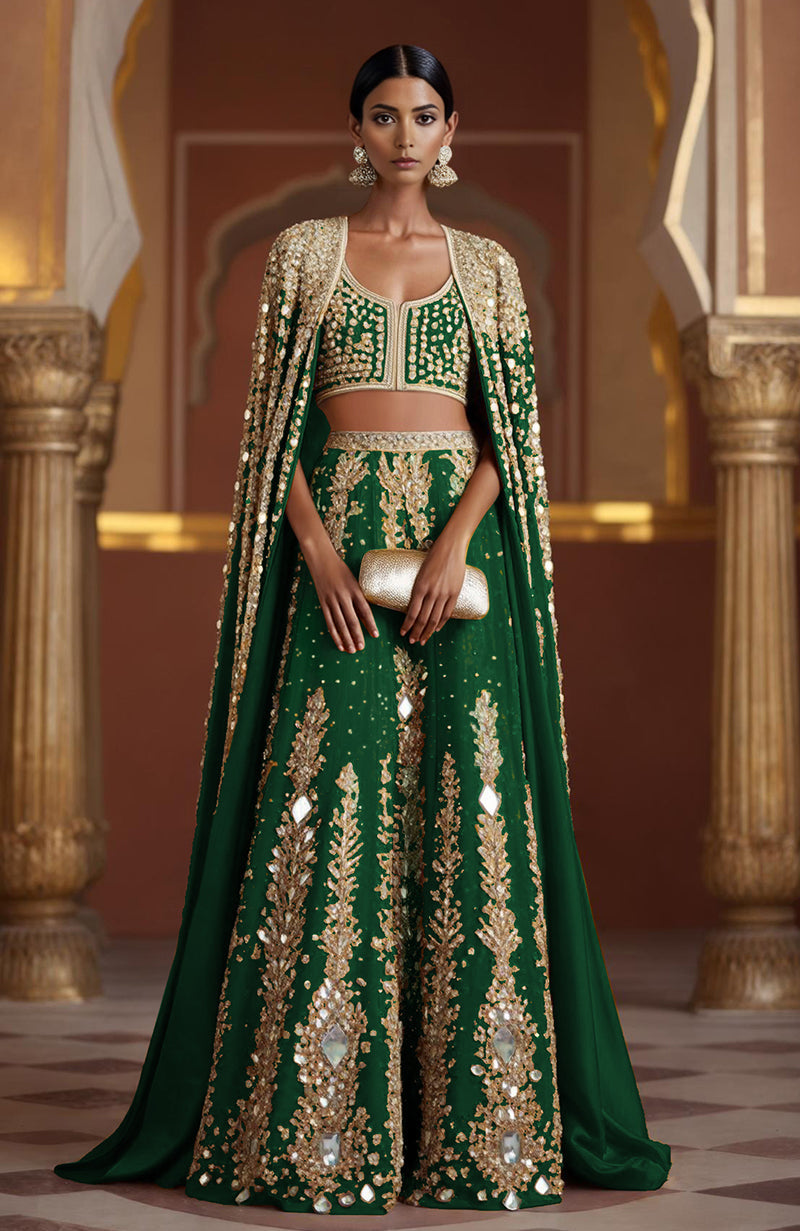 Emerald green mirror-embroidered cape set with sleeveless blouse and full-length cape.