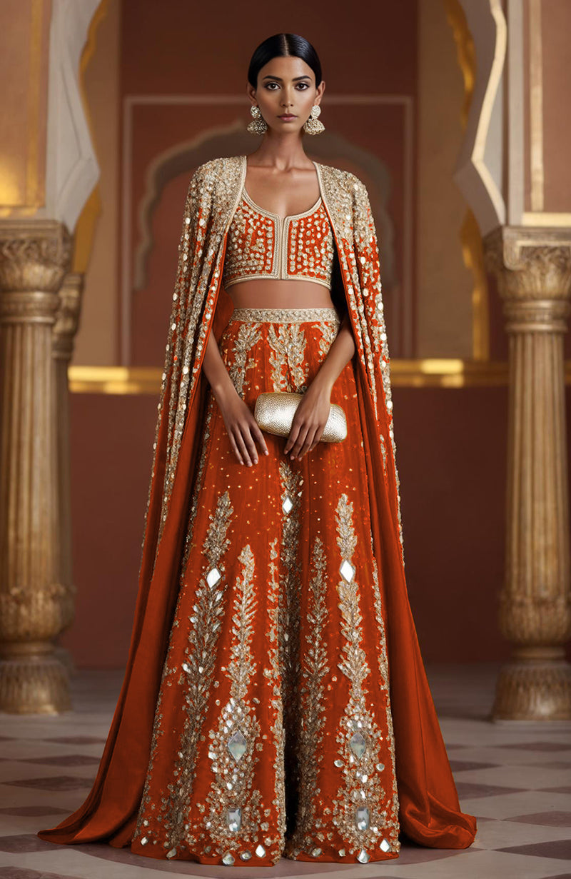 Amber lehenga with mirror embroidery, sleeveless square-neck blouse, and full-length mirror cape.