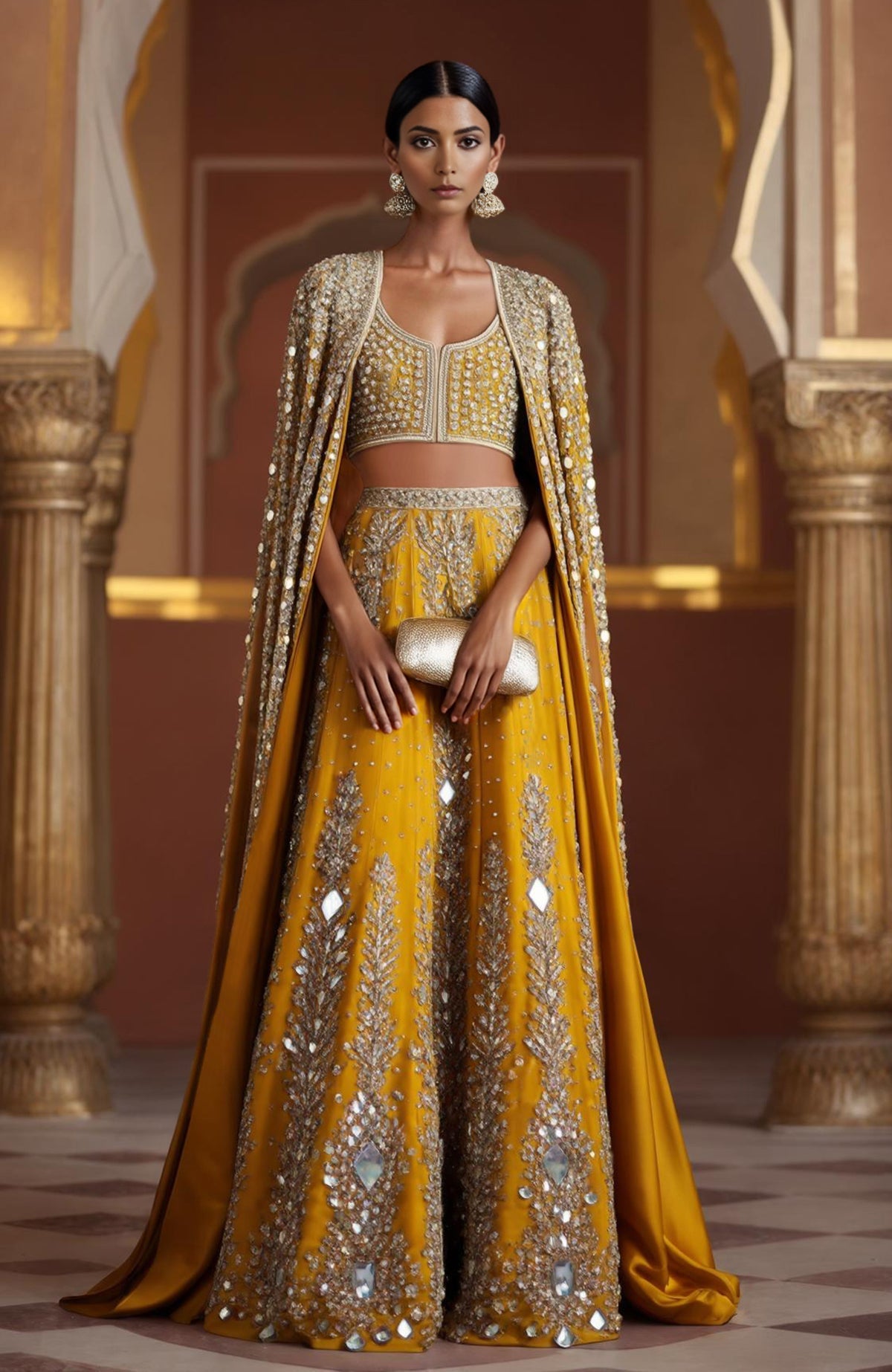 Amber lehenga with mirrorwork and sequins, paired with a full-length mirror cape and sleeveless blouse