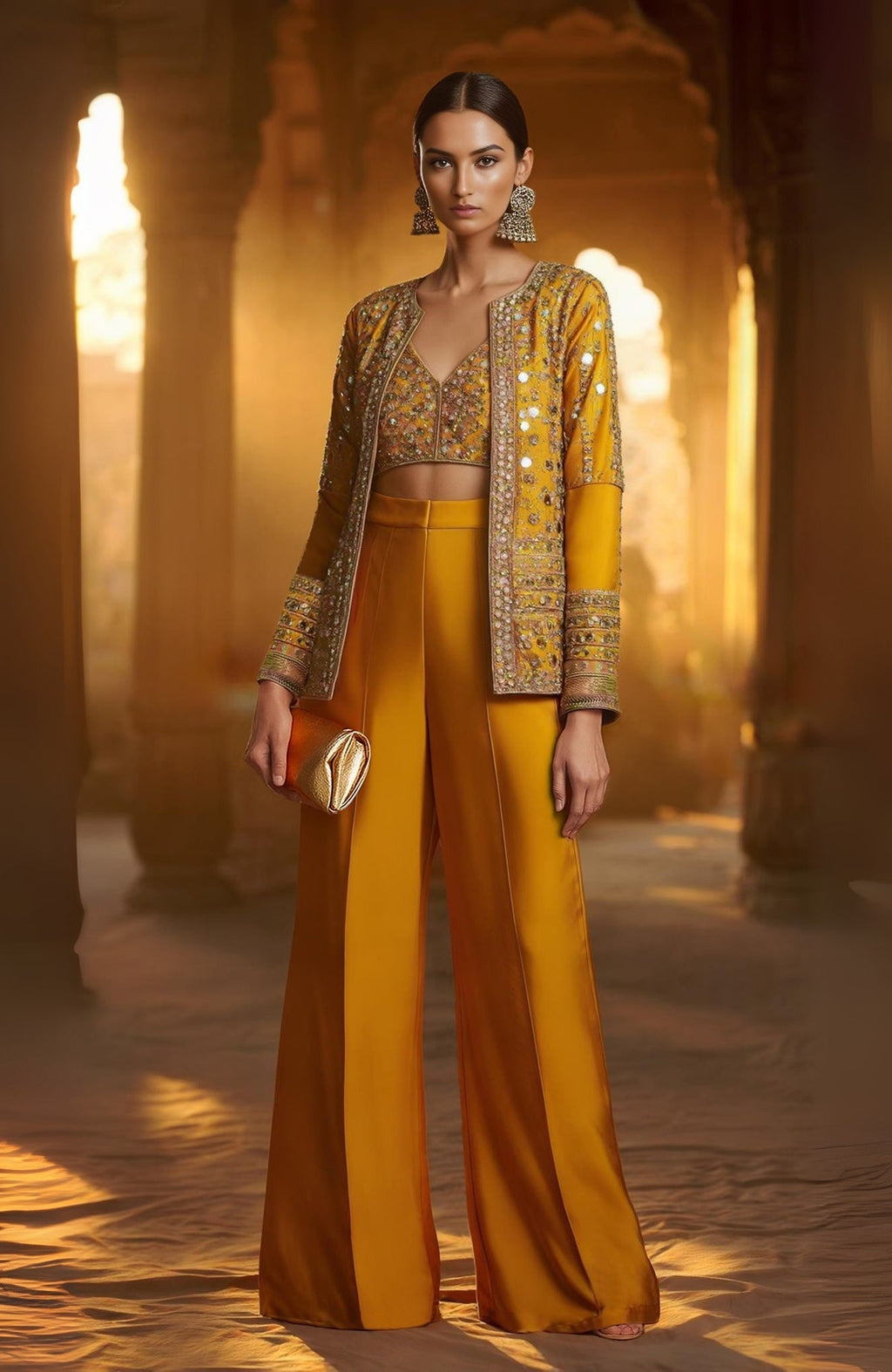Mustard co-ord set with mirror-embroidered crop jacket and wide-legged trousers from Jalwa Collection