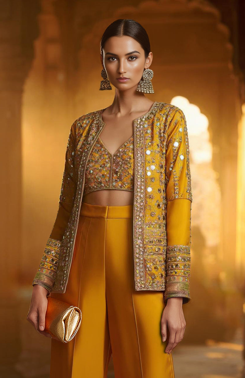 Mustard co-ord set with mirror-embellished crop jacket and wide-legged trousers from Jalwa Collection