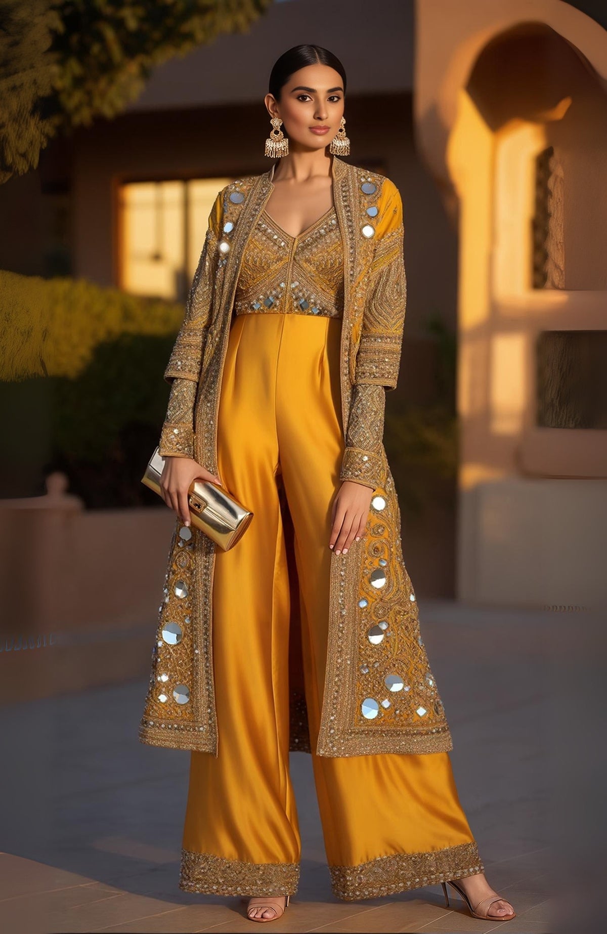 Mustard yellow sharara set with mirror-embroidered bustier and long jacket from Jalwa Collection