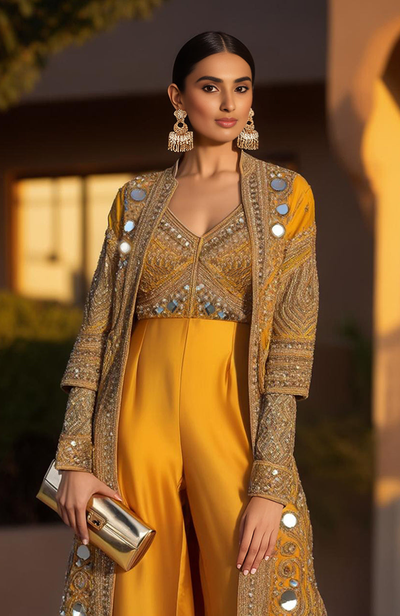 Mustard yellow sharara set with mirror-embroidered bustier and long jacket from Jalwa Collection