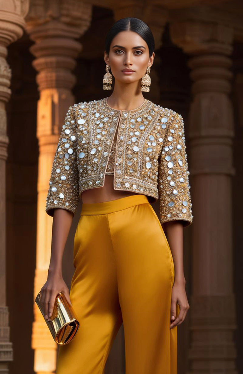 Amber cropped mirrorwork jacket with elbow sleeves, embroidered bustier, and wide-leg trousers set.