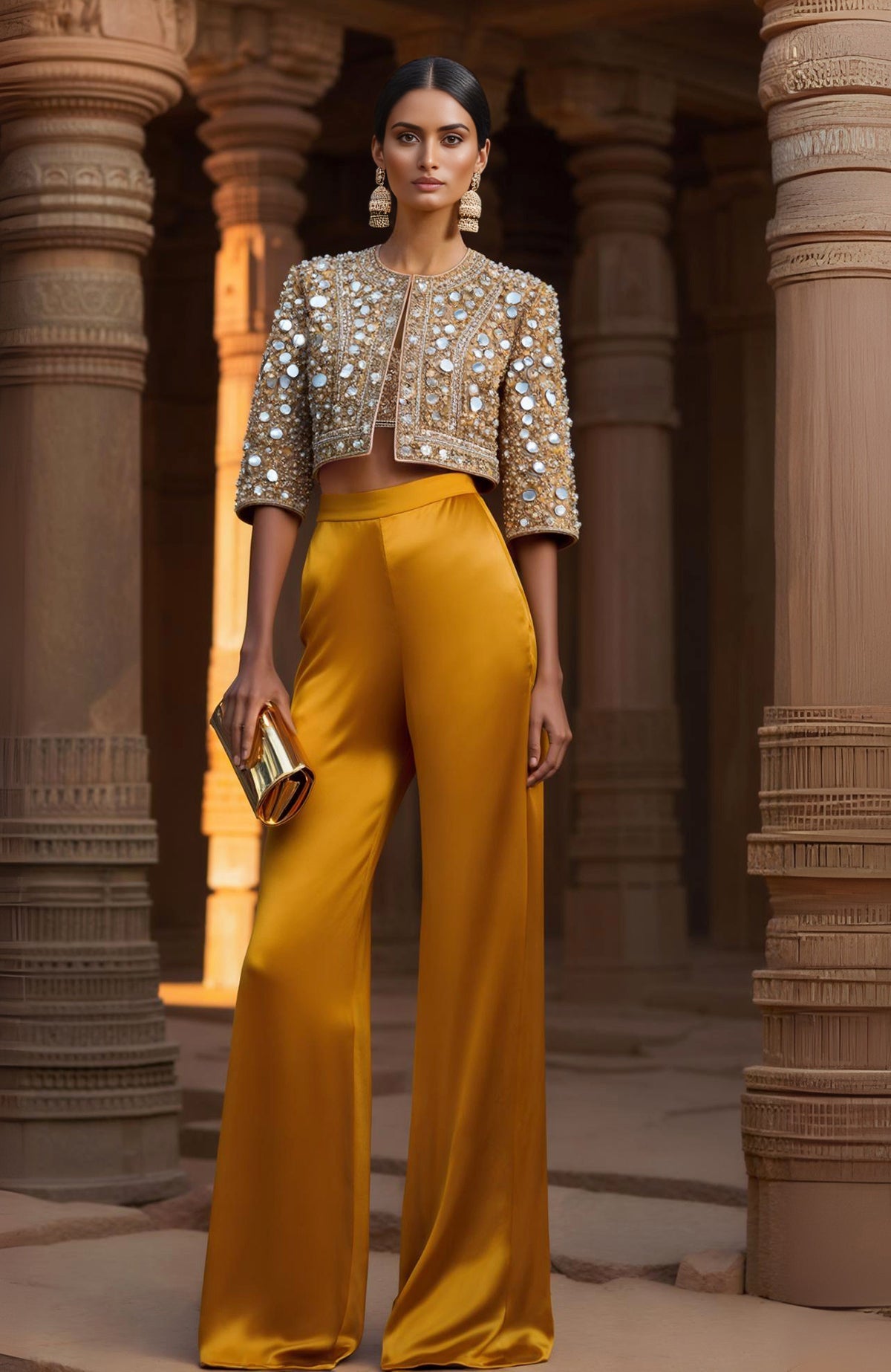 Amber cropped jacket with mirrorwork and embroidery paired with embroidered bustier and wide-leg trousers