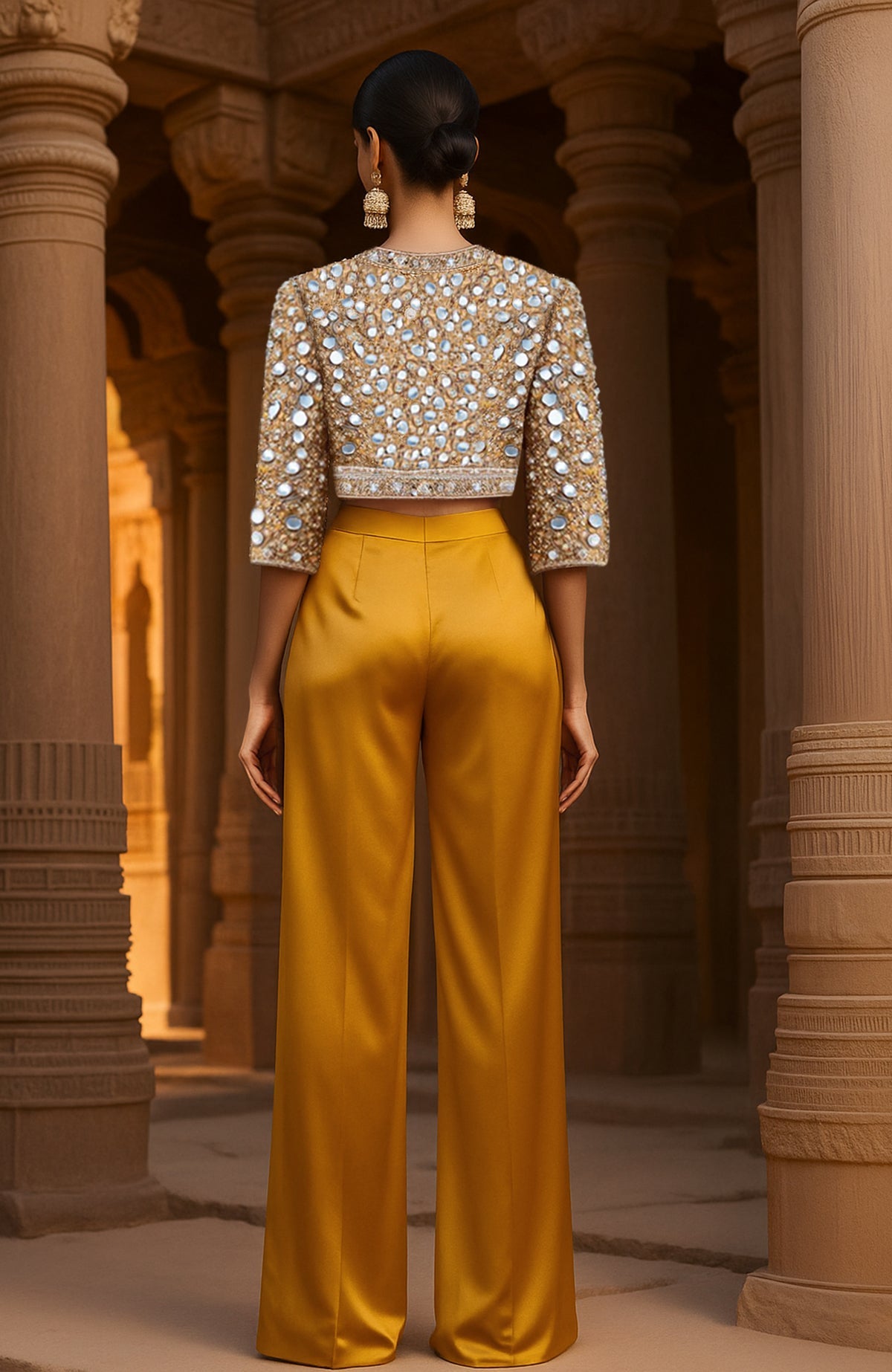 Amber cropped mirrorwork jacket with elbow sleeves, embroidered bustier, and wide-leg trousers set