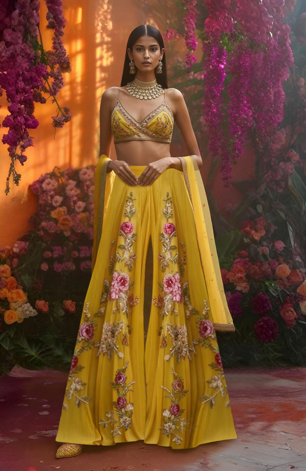 Golden sharara set with floral embroidery, sequins, bralette blouse, and sheer dupatta.