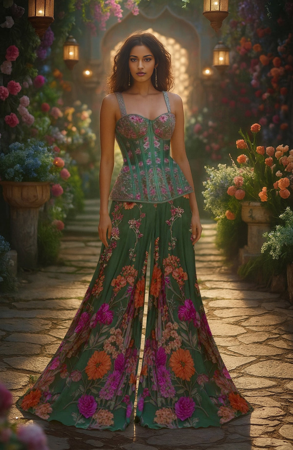 Green corset and sharara set with floral embroidery and metallic threadwork detailing.
