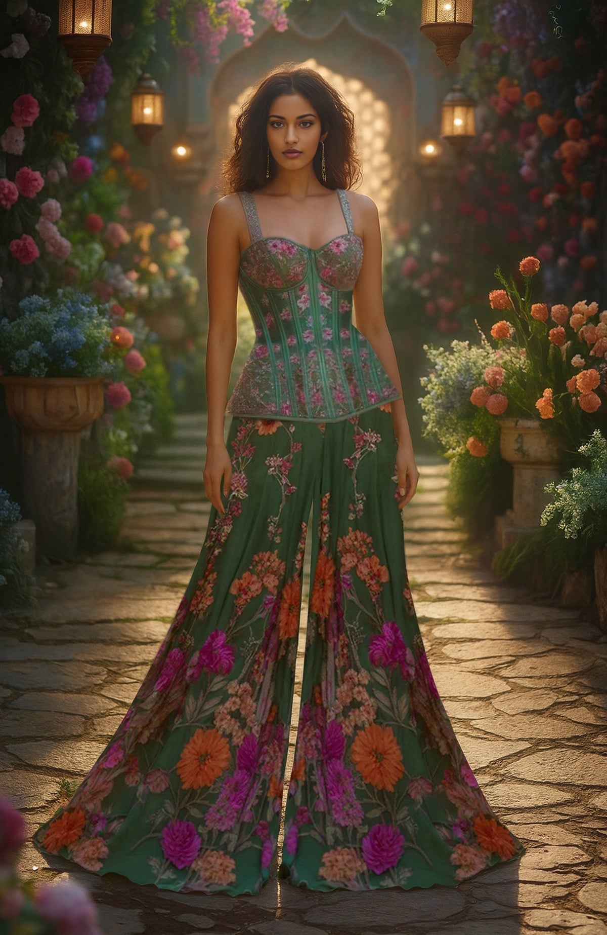 Green corset and sharara set with floral embroidery and metallic threadwork detailing.