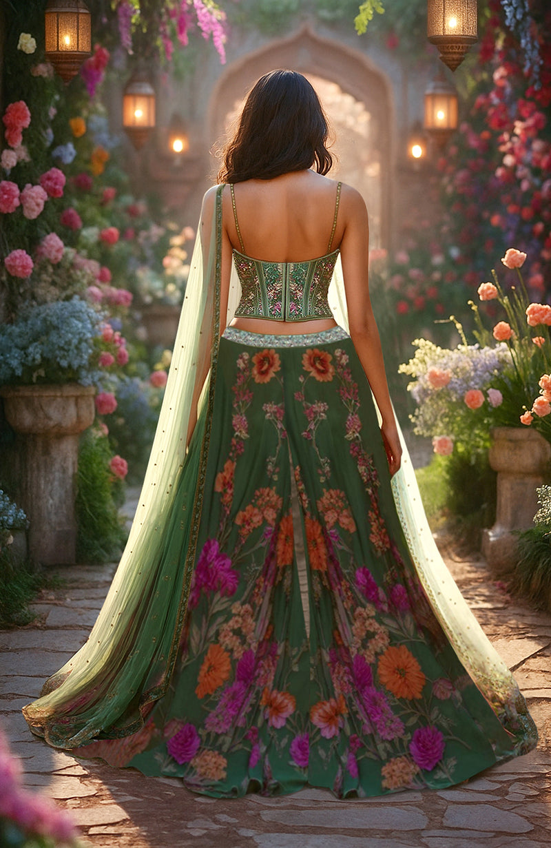 Forest green floral corset blouse with boning and matching sharara pants with pink and gold flowers