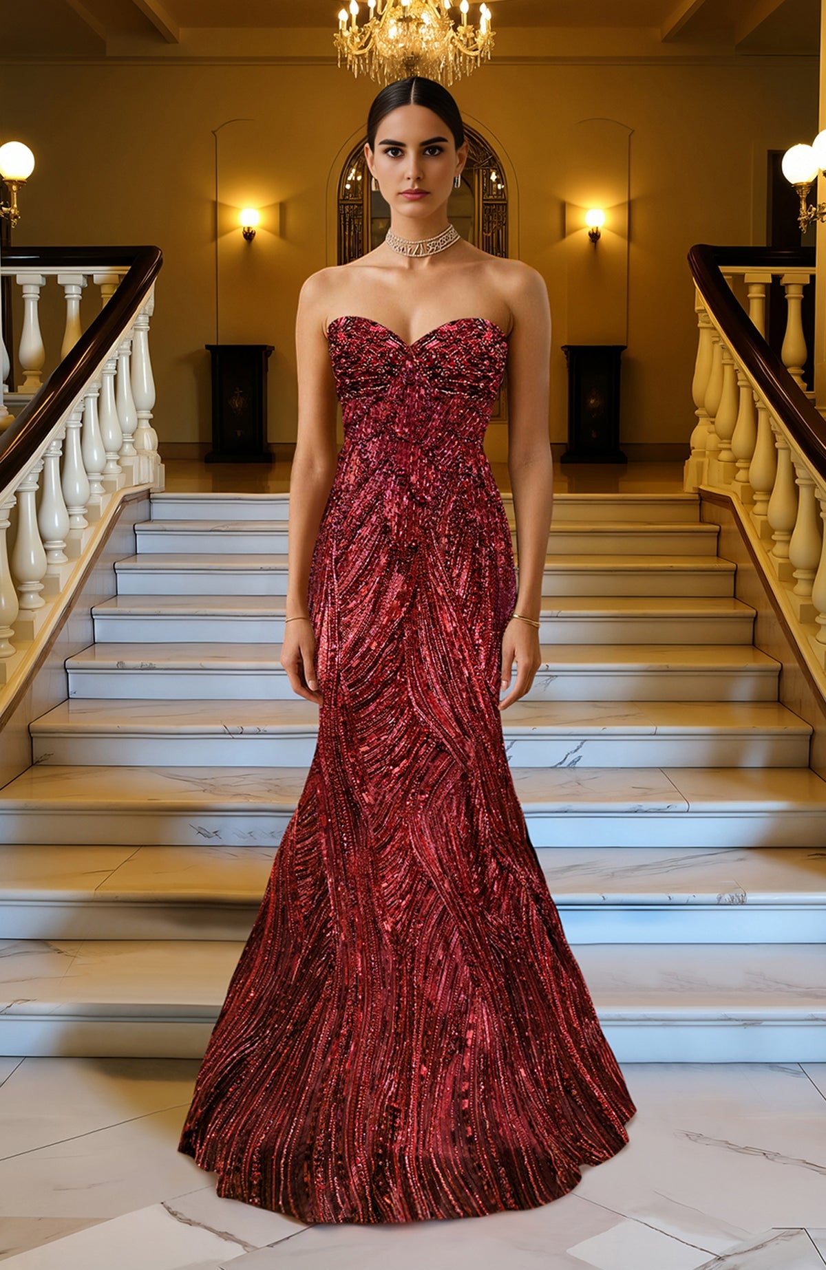 Deep red strapless mermaid gown with intricate sequin and bead embroidery and sweetheart neckline