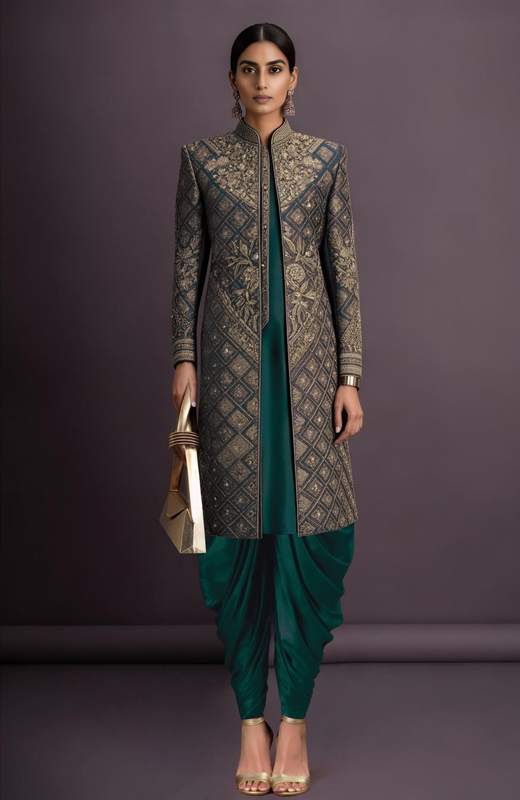 Green embroidered jacket set with full sleeves and intricate floral and lattice patterns