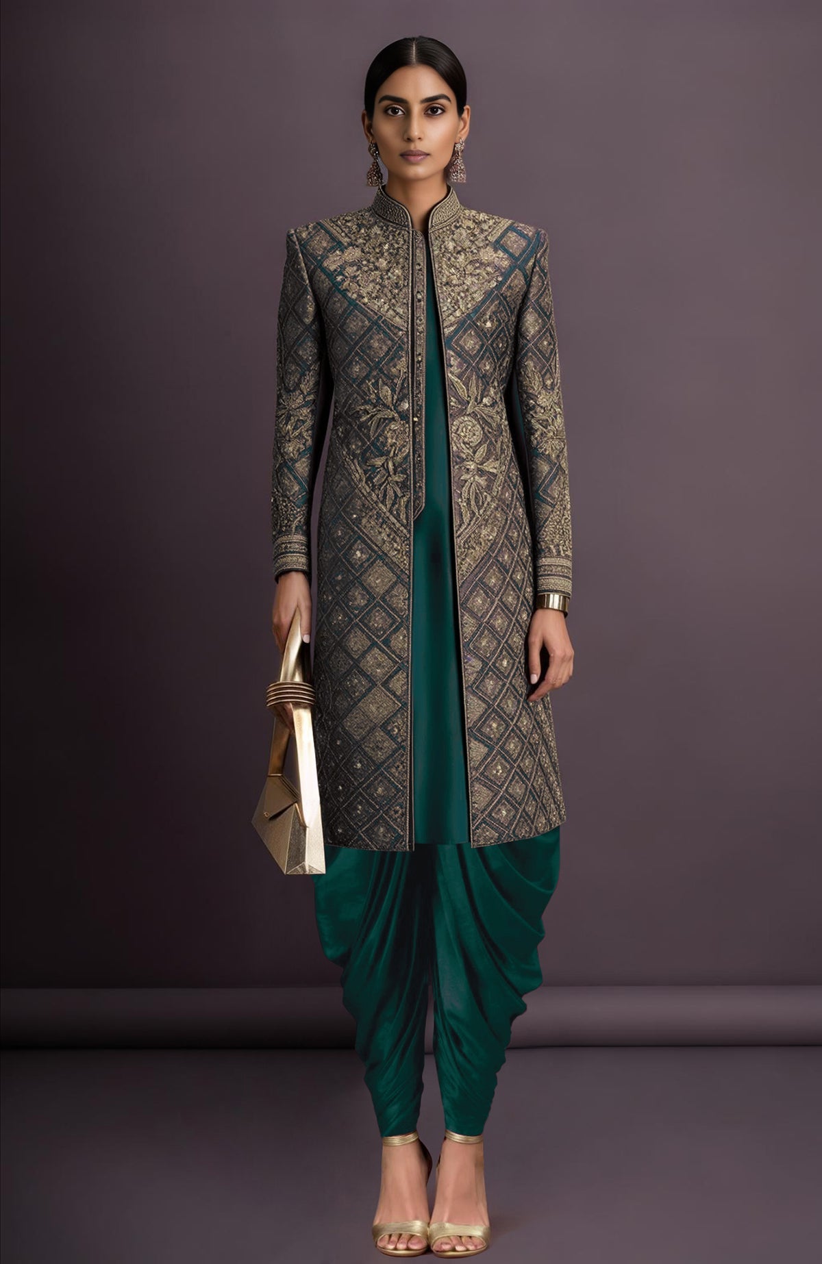 Green embroidered jacket set with full sleeves and intricate floral and lattice patterns