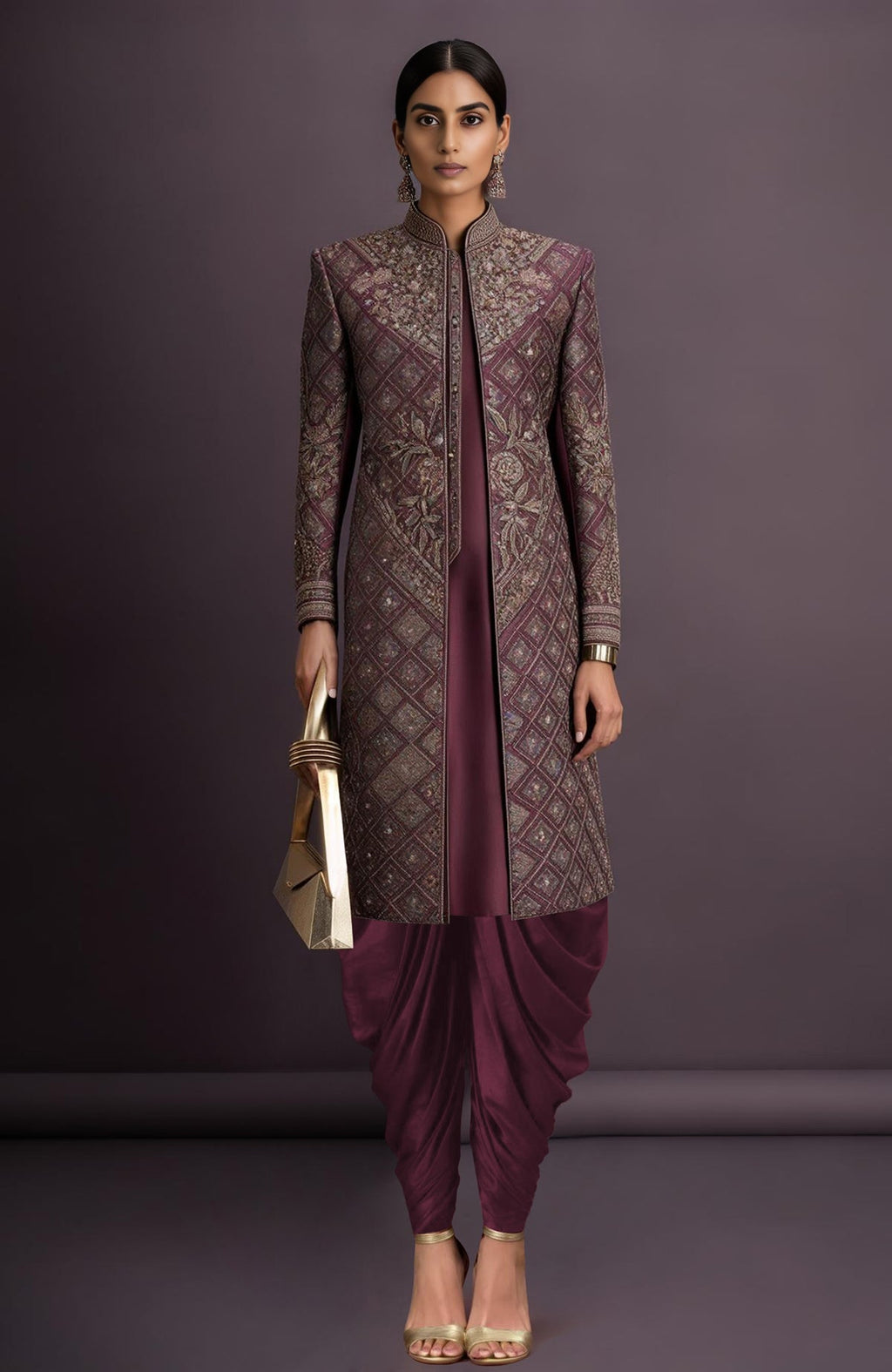 Deep plum embroidered jacket with upright collar paired with matching pleated dhoti trousers.