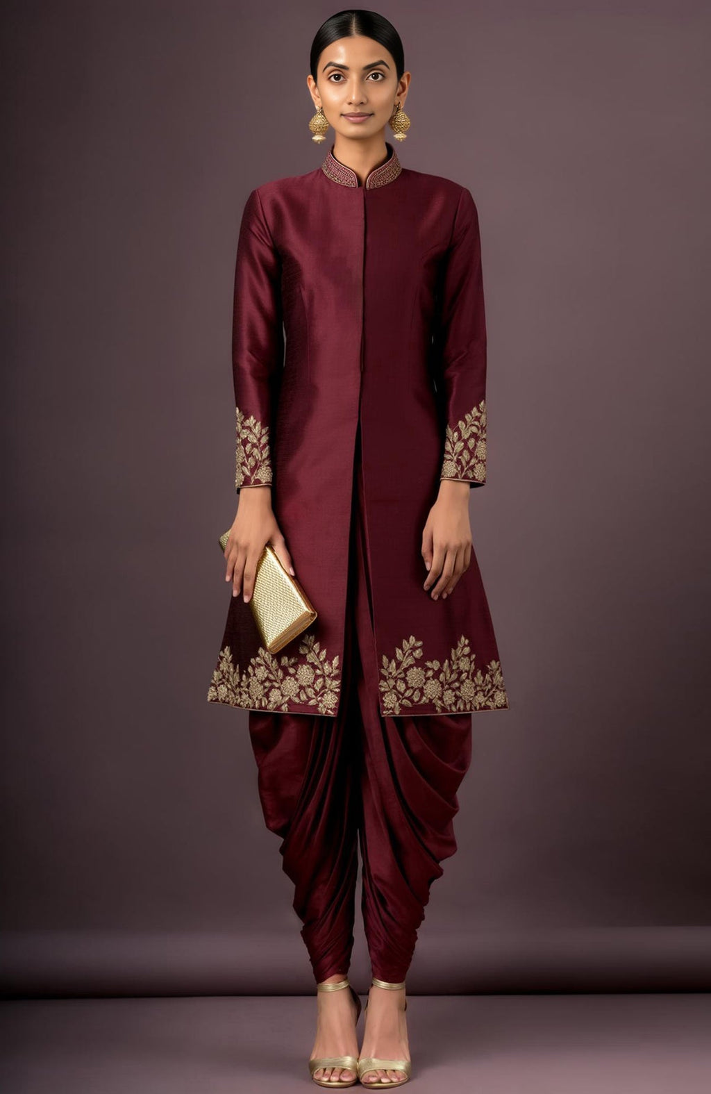 Merlot silk jacket and ruched dhoti trousers with gold floral embroidery on cuffs and hem.