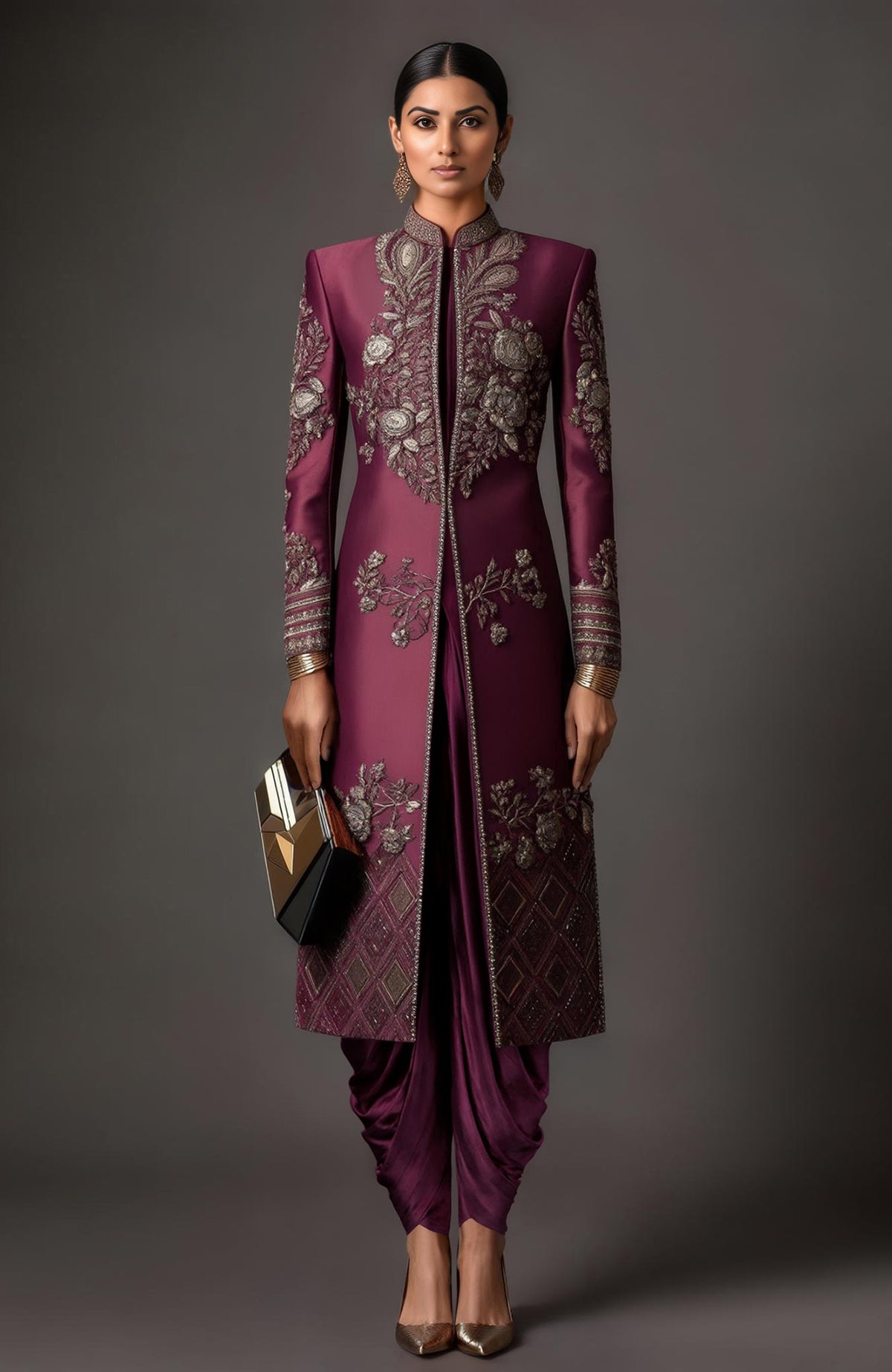 Deep plum satin longline jacket with gold floral embroidery and matching pleated dhoti trousers.