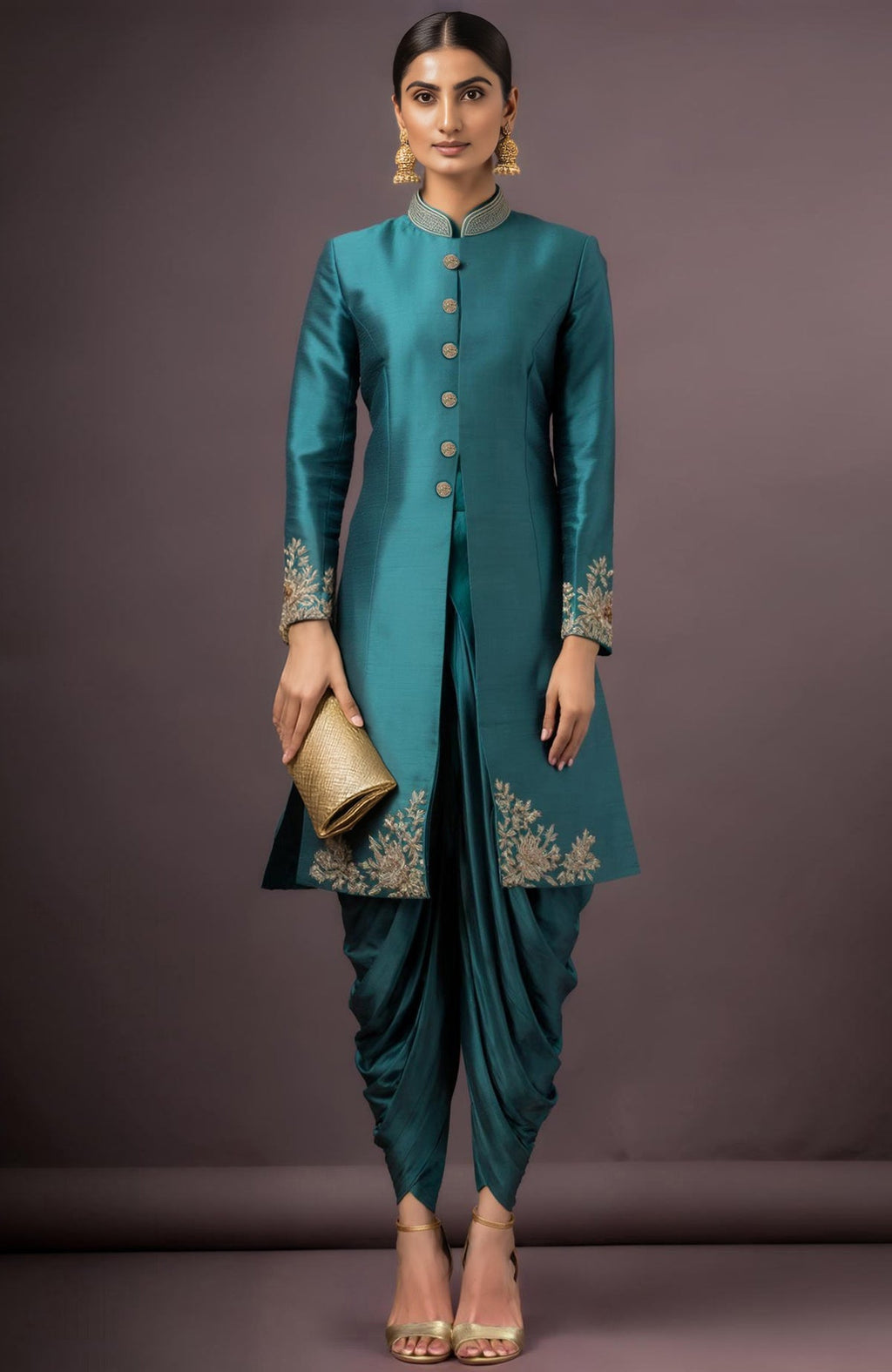 Teal silk jacket and ruched dhoti pants with gold floral embroidery and antique buttons.