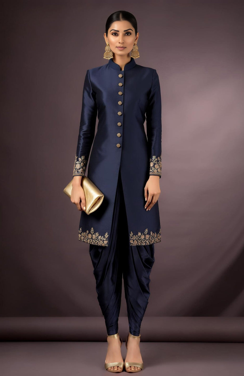 Midnight navy silk sherwani jacket with gold floral embroidery and matching dhoti trousers.