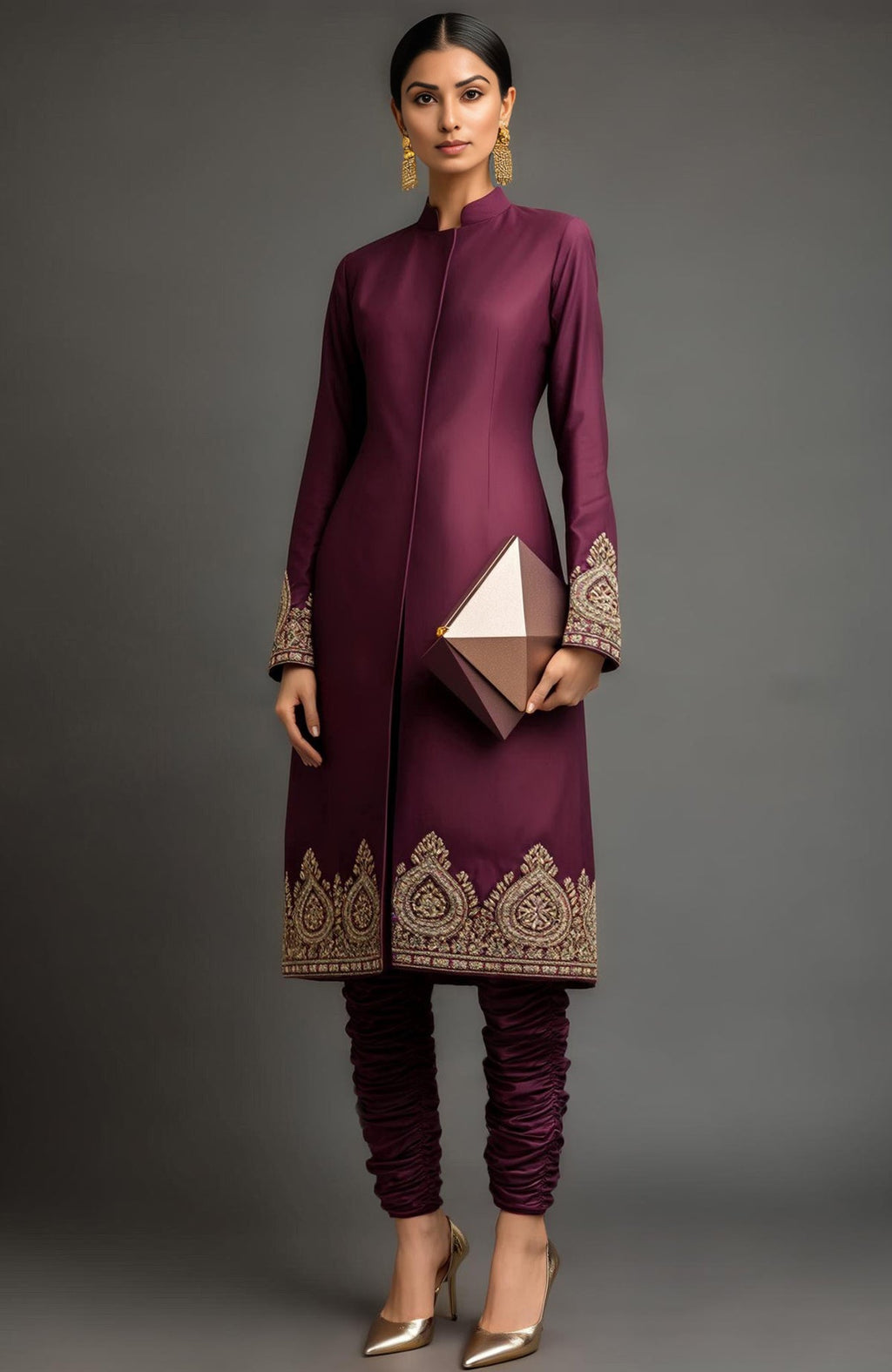 Royal plum silk jacket set with high collar and antique gold hand embroidery on cuffs and hem.