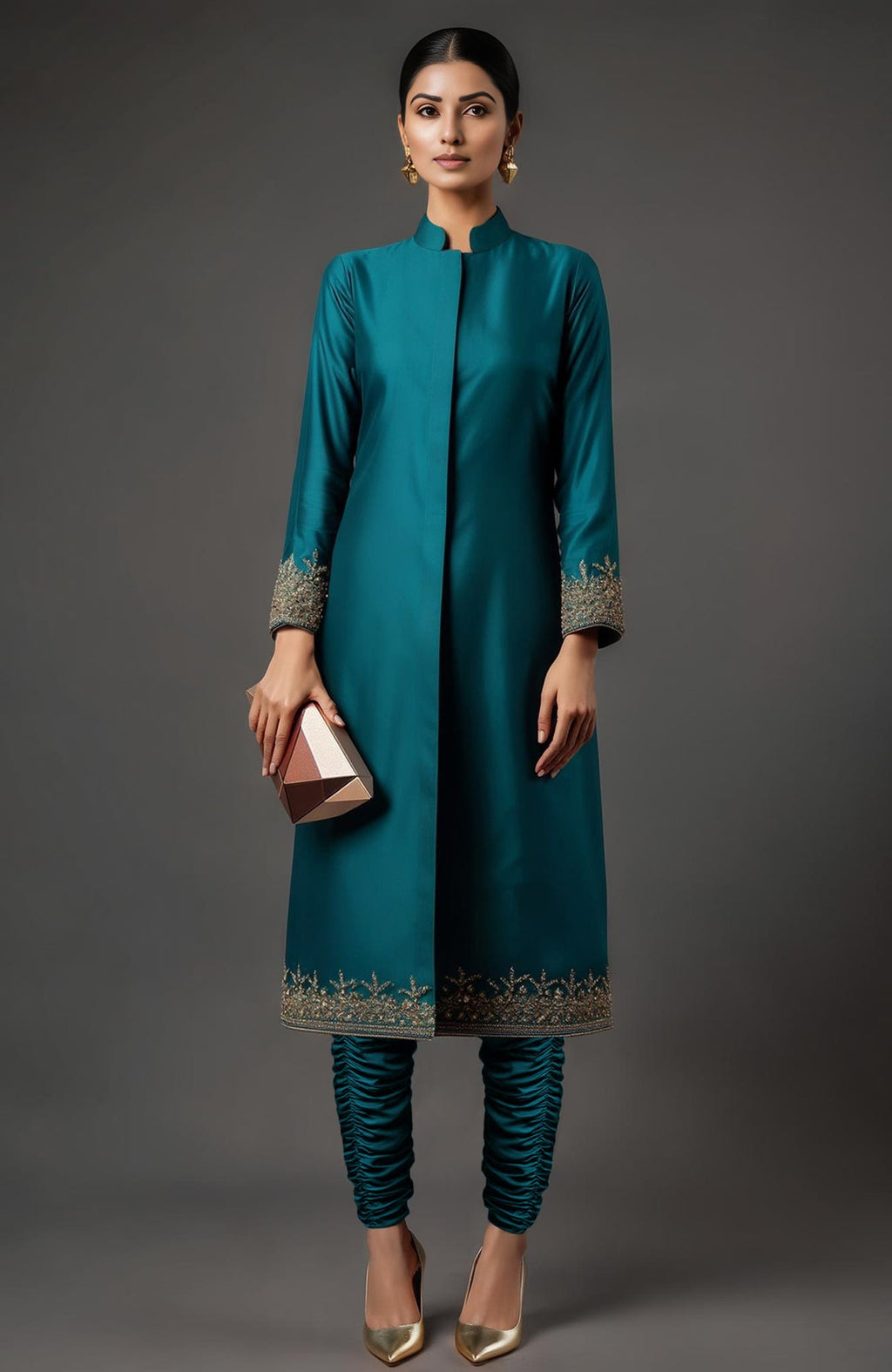 Teal silk jacket and ruched churidar pants with gold floral embroidery on cuffs and hem