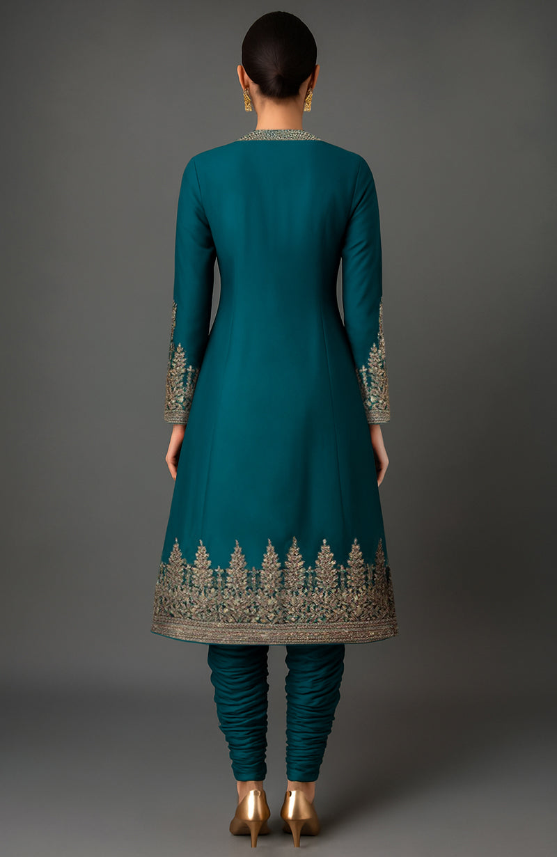 Teal silk Nayla jacket set with hand-embroidered gold zardozi motifs and ruched churidar pants