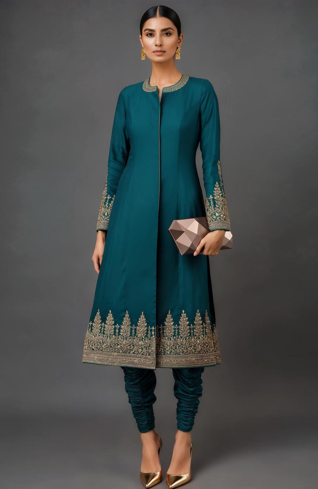 Teal silk Nayla jacket with gold zardozi embroidery and ruched churidar pants set