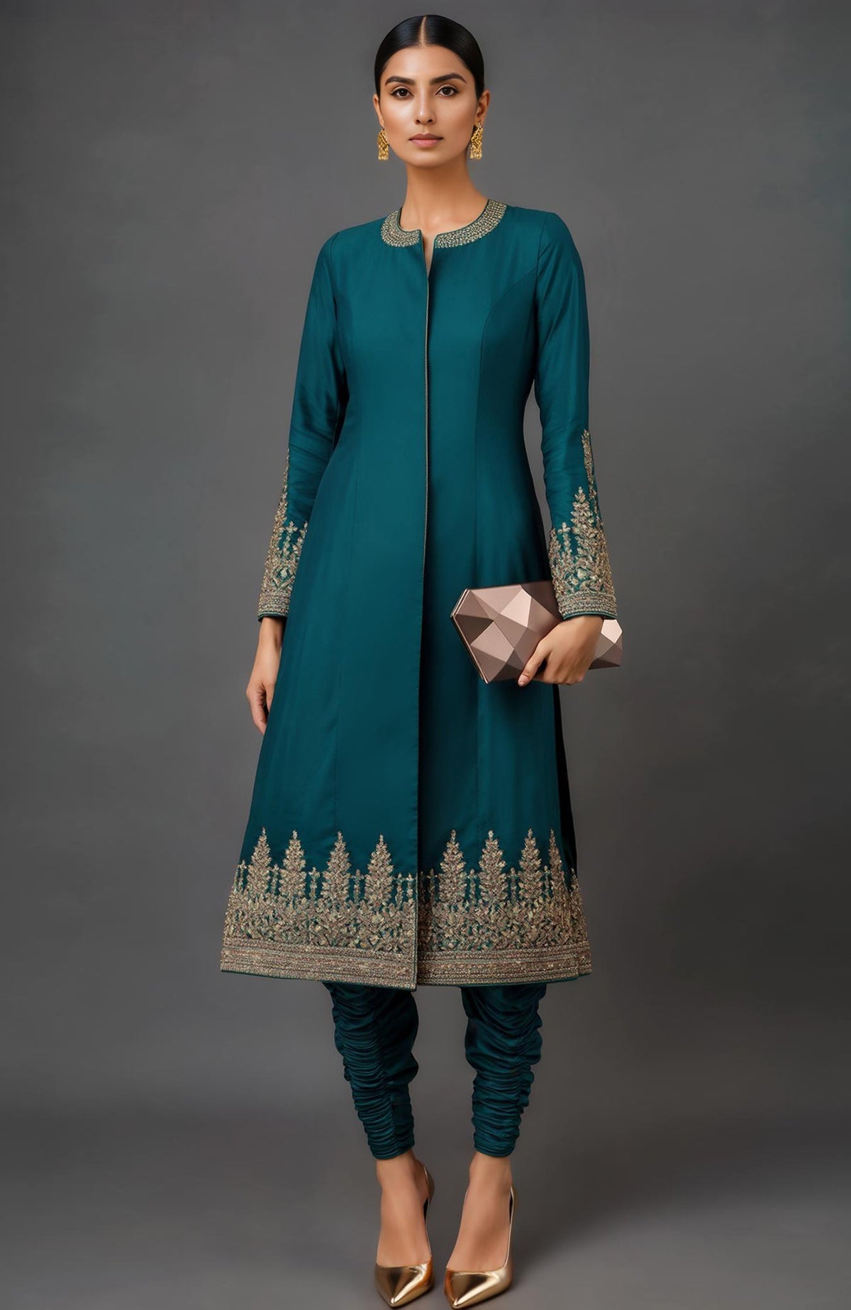 Teal silk Nayla jacket with gold zardozi embroidery and ruched churidar pants set