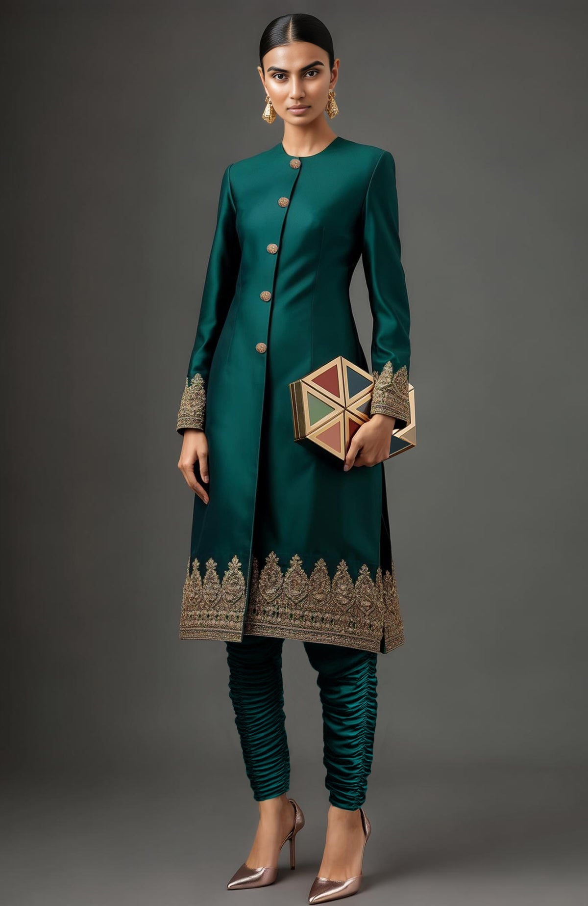 Emerald green silk jacket with high collar and gold embroidery paired with ruched churidar trousers
