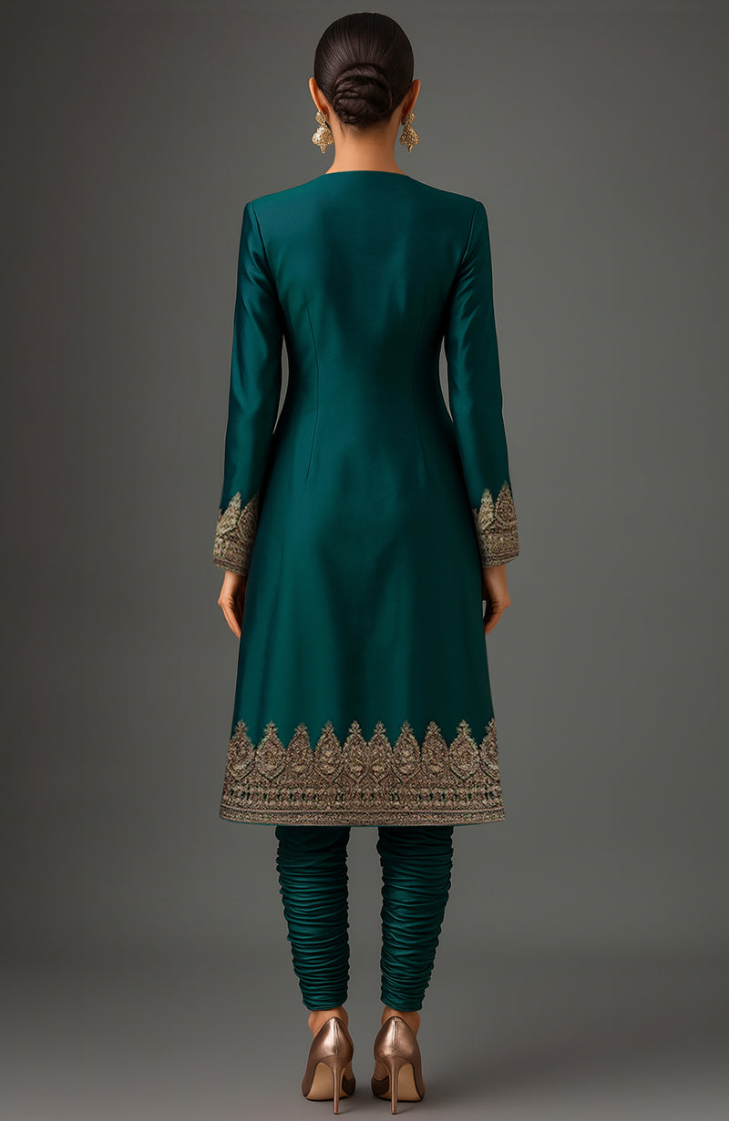Emerald green silk jacket set with antique gold buttons and intricate hand-embroidered zardozi work