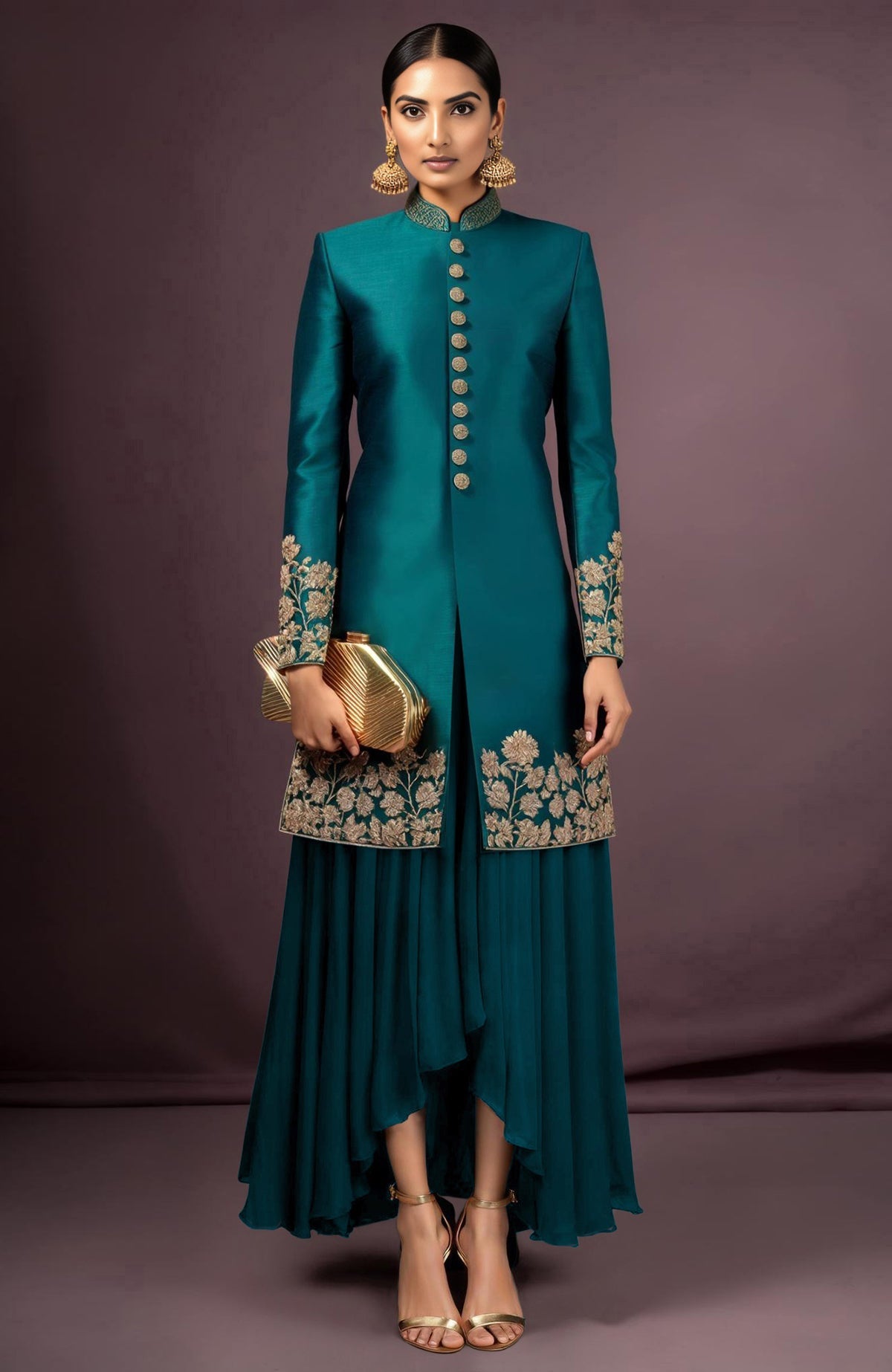 Teal silk jacket with gold floral embroidery and matching asymmetrical high-low skirt.