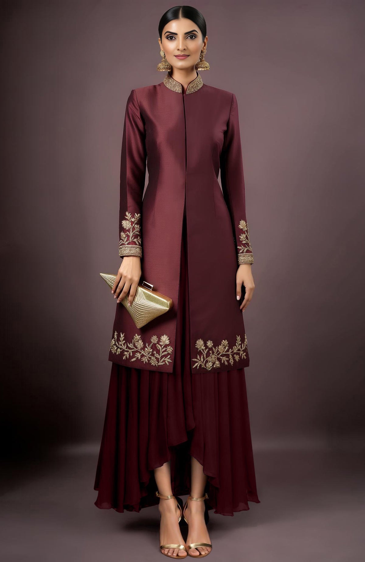 Deep wine silk sherwani jacket with gold floral embroidery and matching asymmetrical georgette skirt.