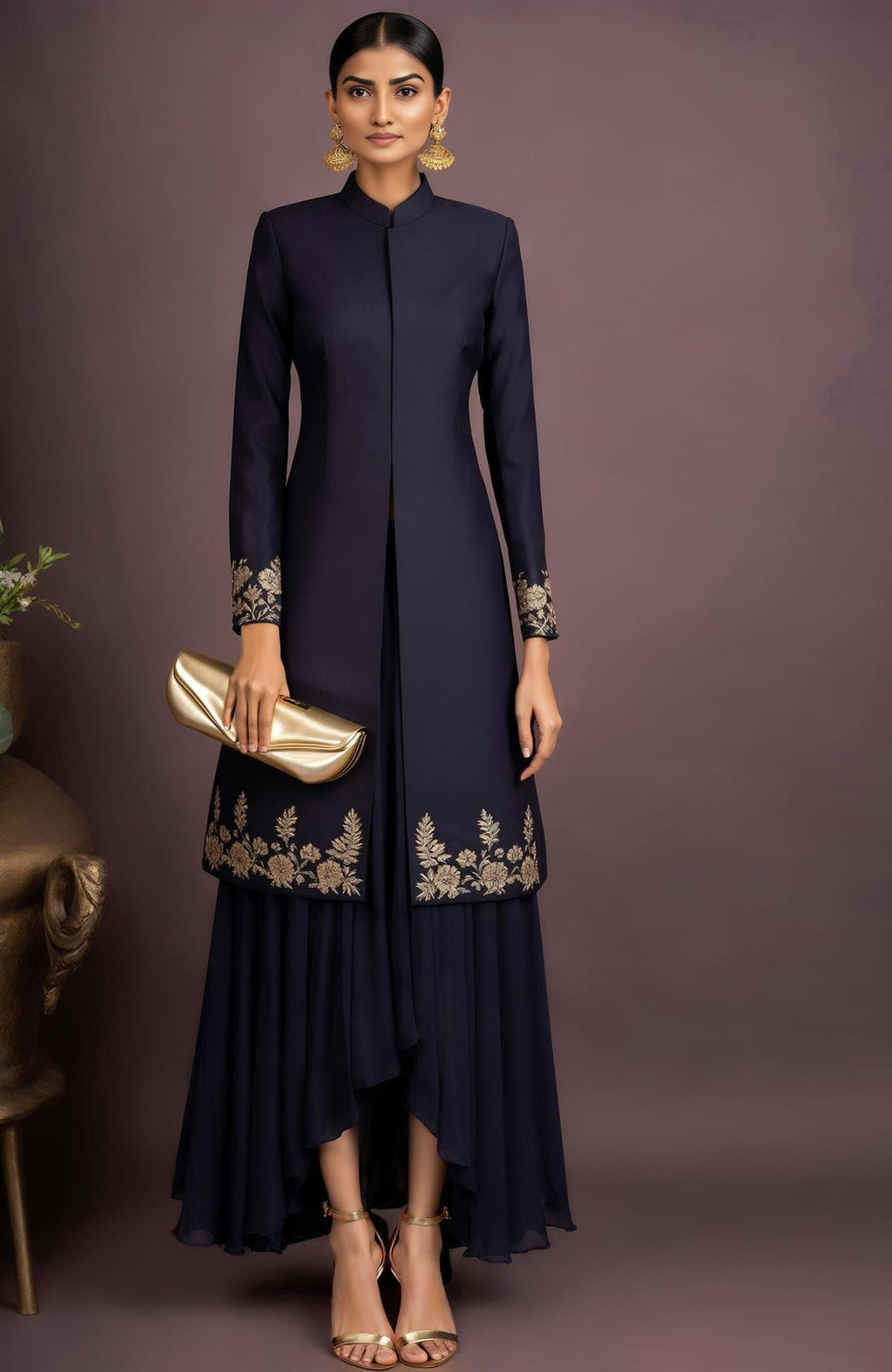 Midnight navy silk sherwani jacket with gold embroidery and matching asymmetrical high-low skirt.