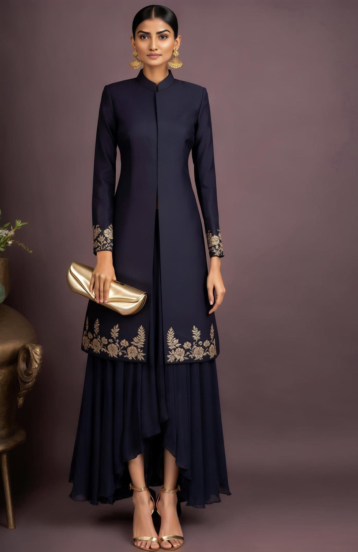 Midnight navy silk sherwani jacket with gold embroidery and matching asymmetrical high-low skirt.