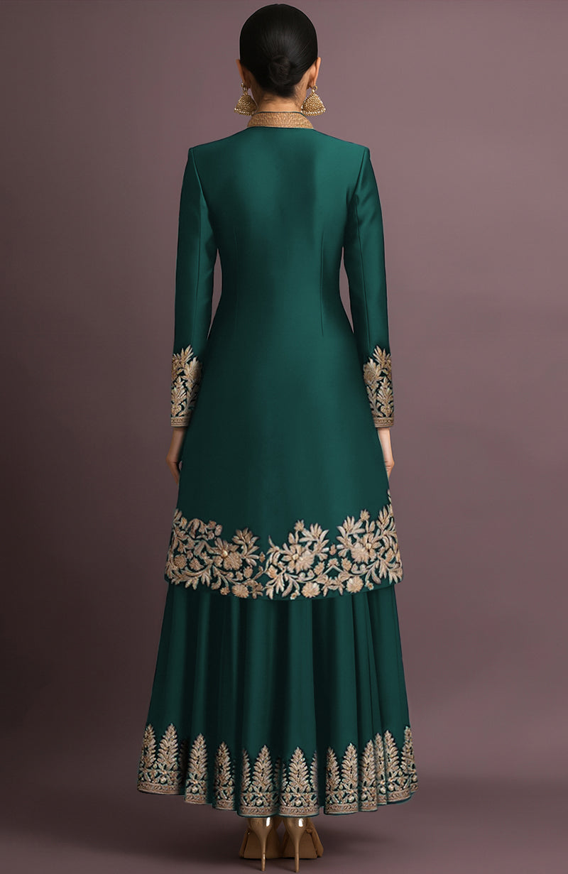 Emerald green jacket set with hand-embroidered zardozi and gold-toned button details.