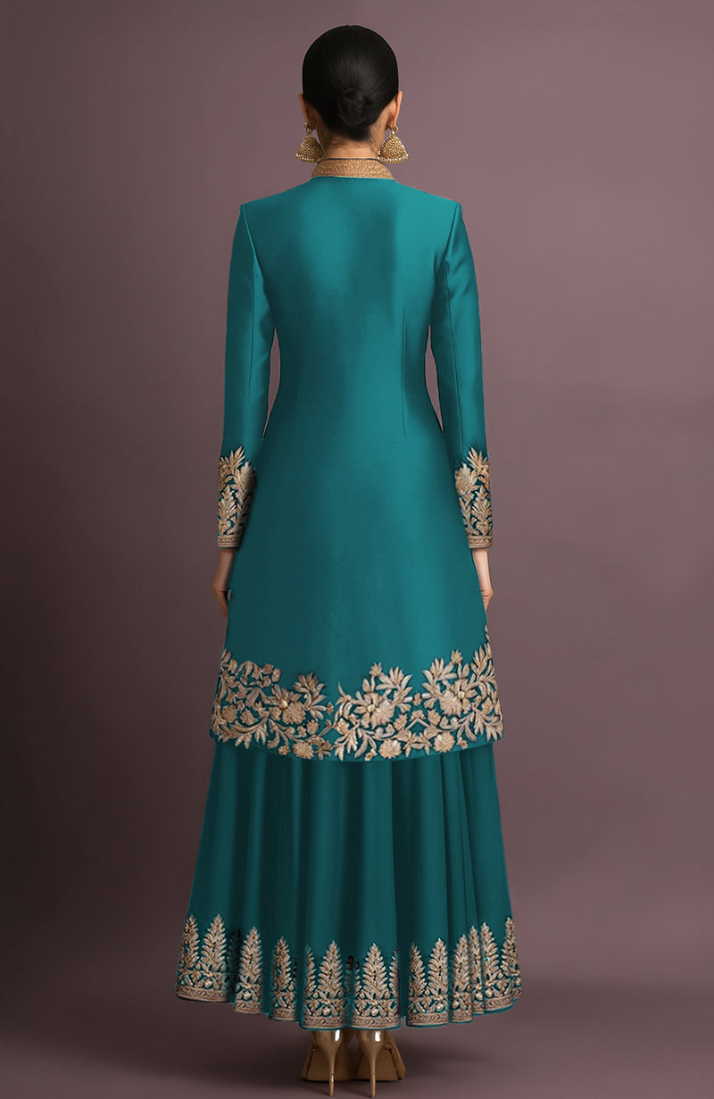 Teal embroidered sherwani jacket with high collar and matching full flared skirt in jewel-toned silk
