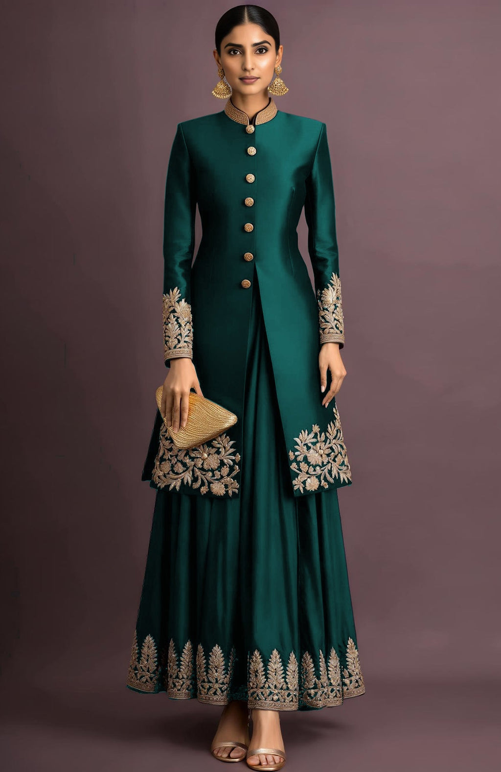 Midnight navy silk jacket set with gold-toned buttons and intricate zardozi embroidery details.