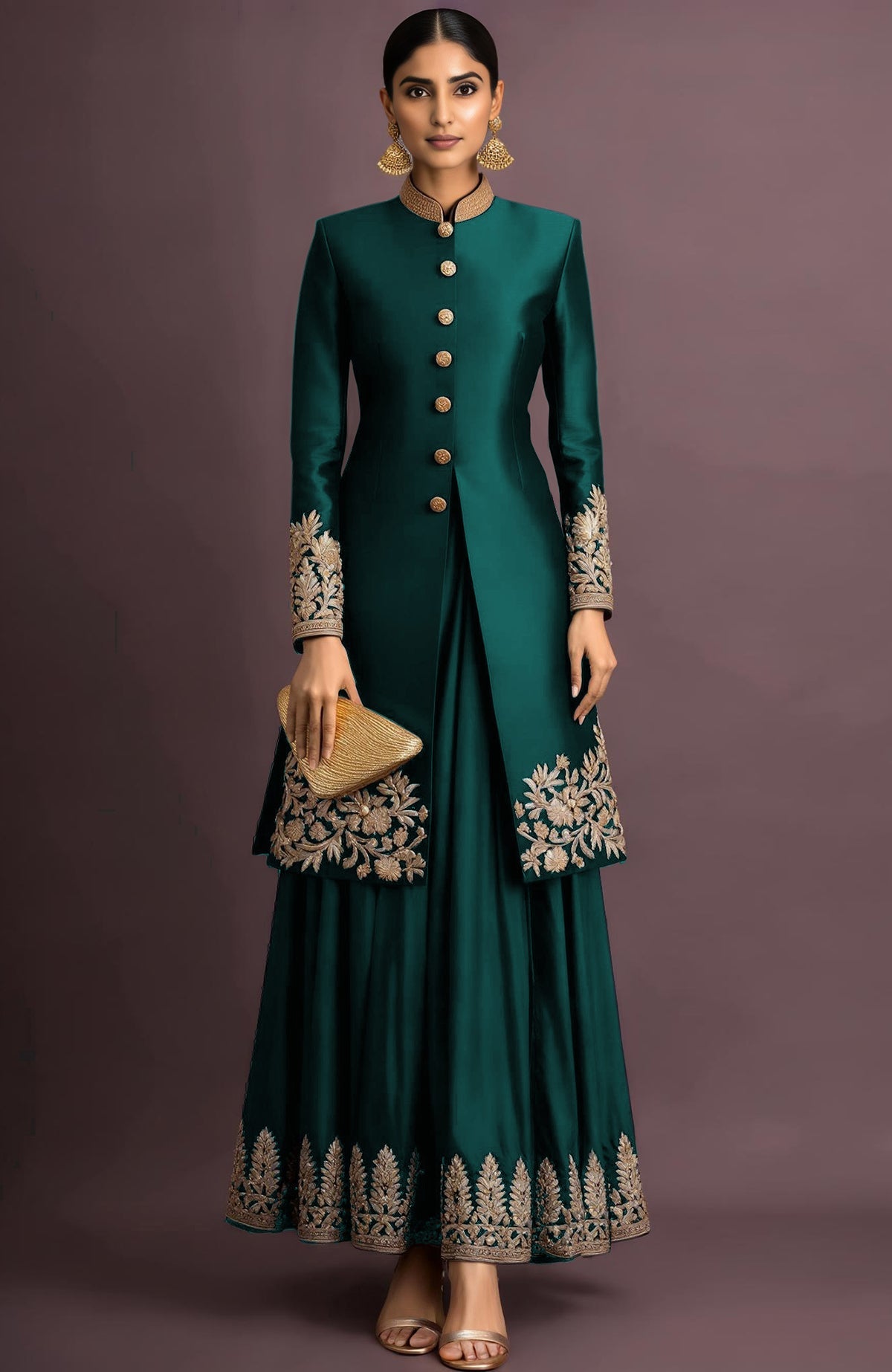 Midnight navy silk jacket set with gold-toned buttons and intricate zardozi embroidery details.